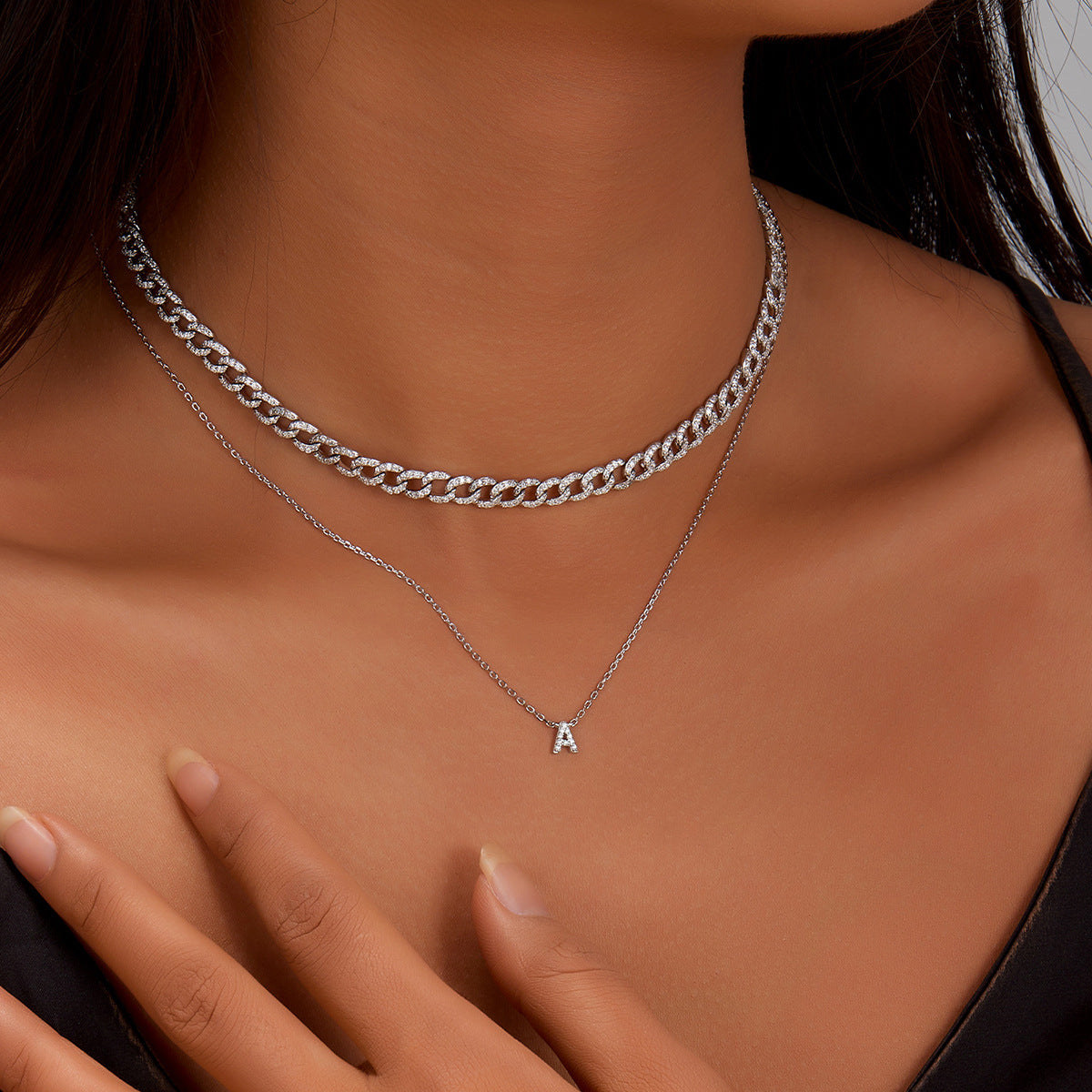 Jingxu 925 Pure Silver 26-Letter Necklace, Lightweight Luxury Lockbone Chain with Diamond-Inlaid Letters for Women (Cross-border Foreign Trade Jewelry)