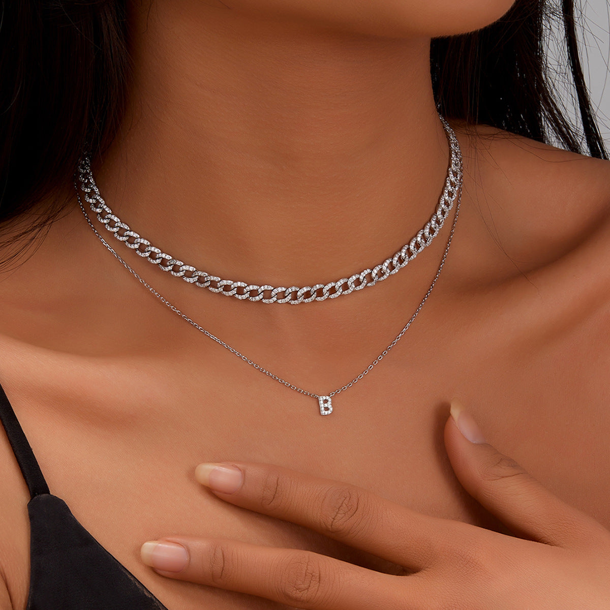 Jingxu 925 Pure Silver 26-Letter Necklace, Lightweight Luxury Lockbone Chain with Diamond-Inlaid Letters for Women (Cross-border Foreign Trade Jewelry)