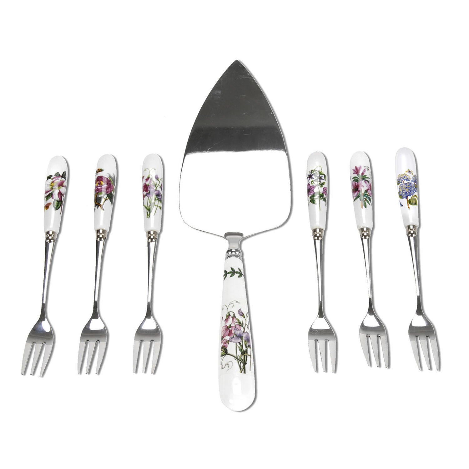 Portmeirion Botanic Garden - 26cm Cake Slice & 15.5cm Pastry Forks (Boxed S/7) Assorted motifs