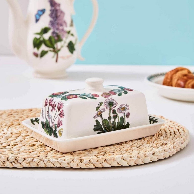 Portmeirion Botanic Garden - 18x12.5cm Covered Butter Dish Daisy, Cyclamen, Rhododendron