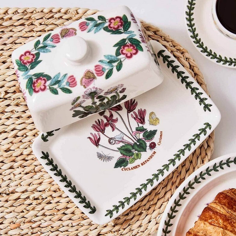 Portmeirion Botanic Garden - 18x12.5cm Covered Butter Dish Daisy, Cyclamen, Rhododendron