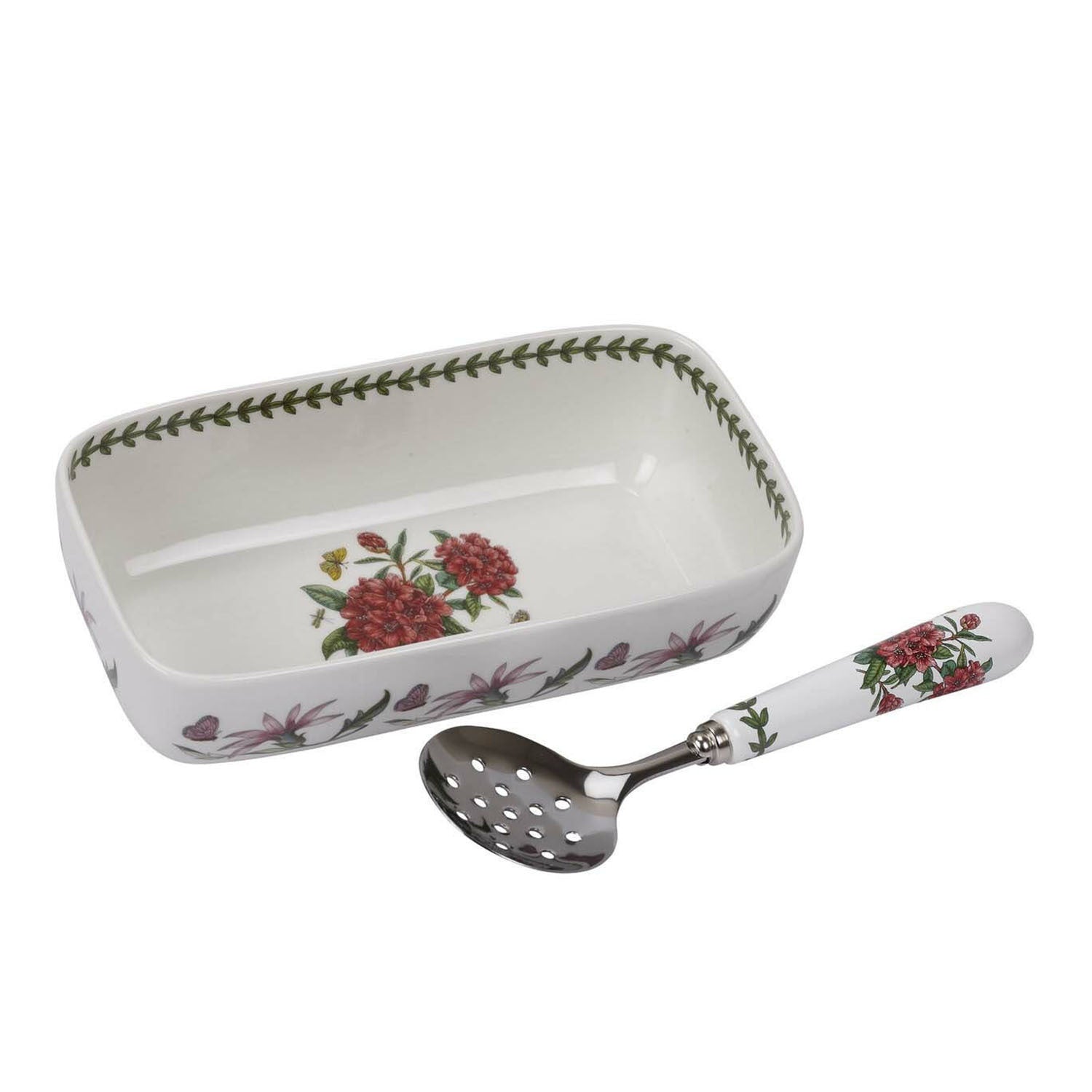 Portmeirion Botanic Garden - 20.25x11cm Cranberry Dish with 20.5cm Slotted Spoon Rhododendron