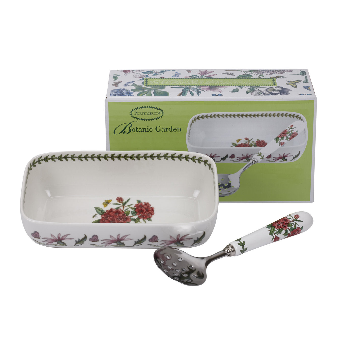 Portmeirion Botanic Garden - 20.25x11cm Cranberry Dish with 20.5cm Slotted Spoon Rhododendron