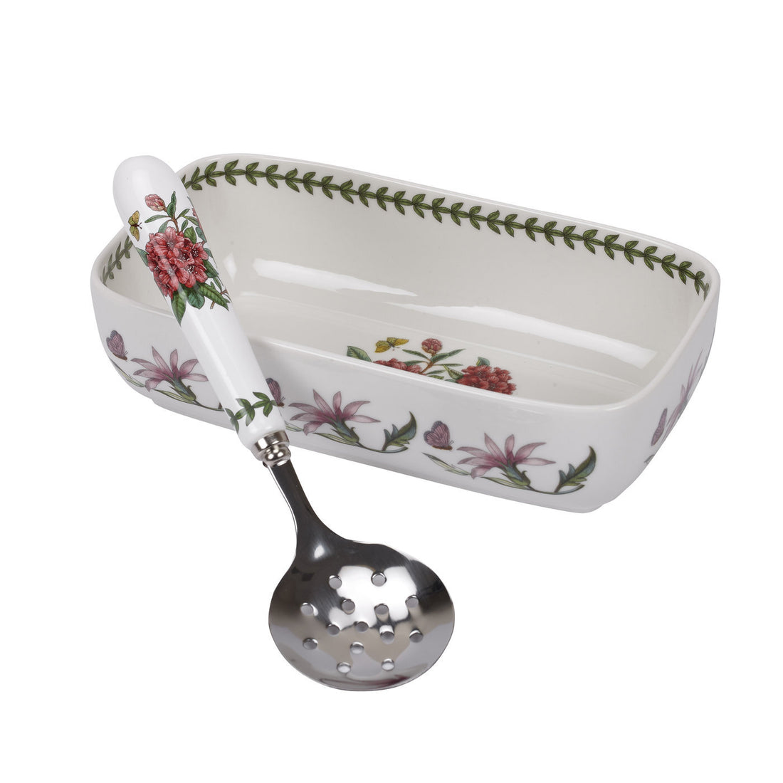 Portmeirion Botanic Garden - 20.25x11cm Cranberry Dish with 20.5cm Slotted Spoon Rhododendron