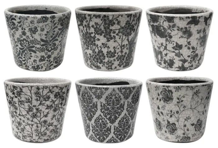 14x12cm Vint Blk/Wh Floral Planter 6as*